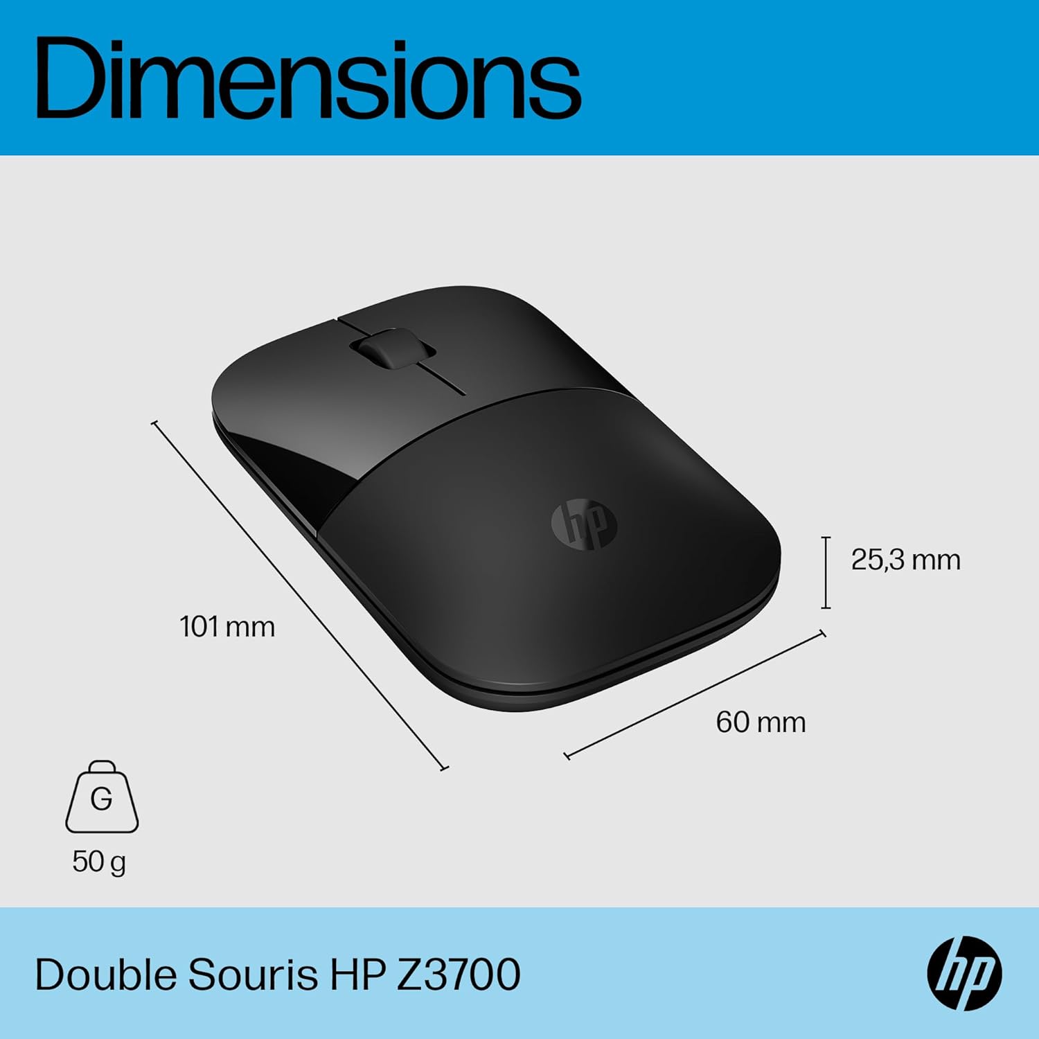 Souris HP Z3700 2.4GHz LED avec les dimensions autour du produit.